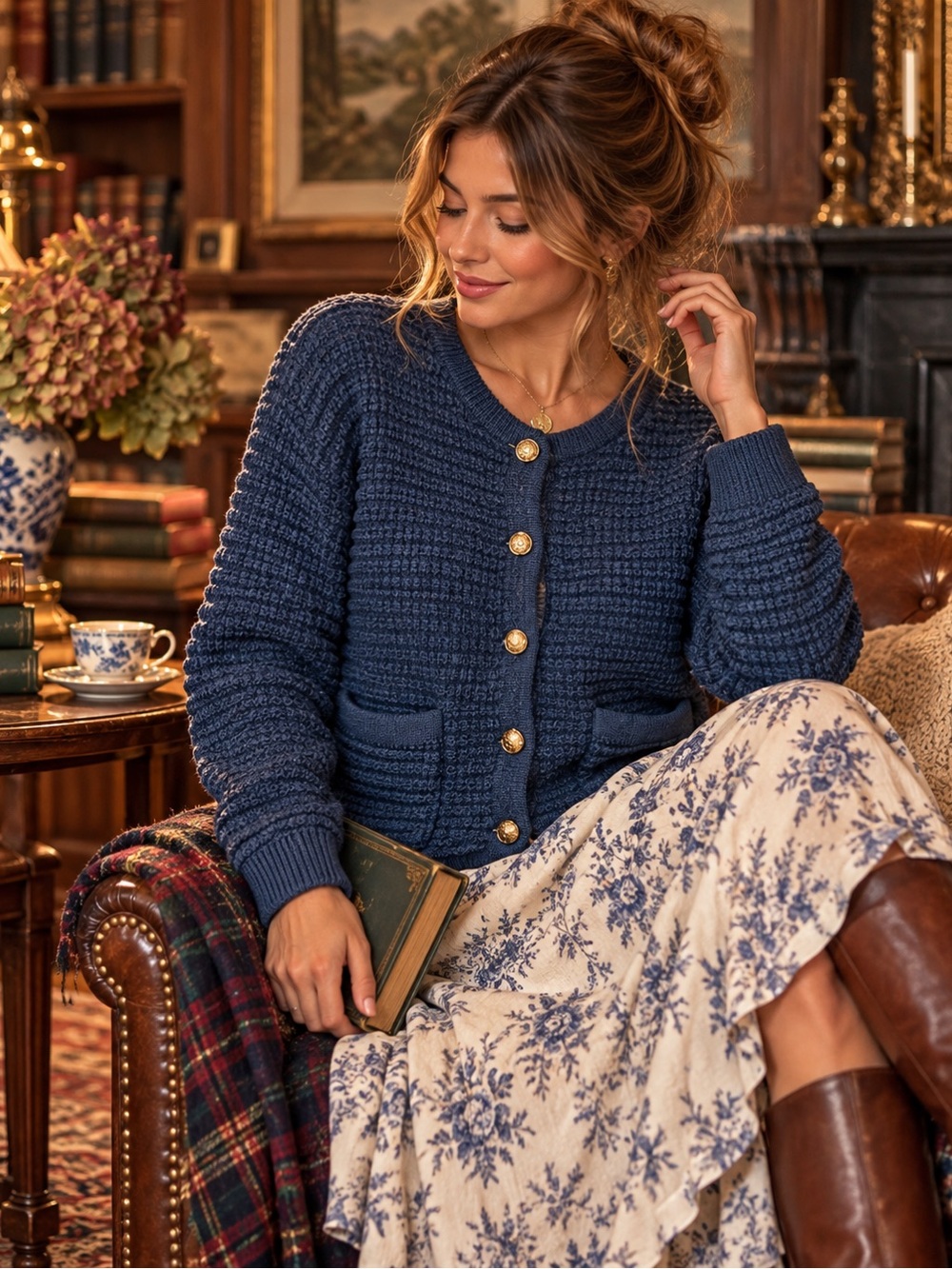 PrettyGarden Cardigan Womens Large Blue Gold Button Textured Knit Grandmacore